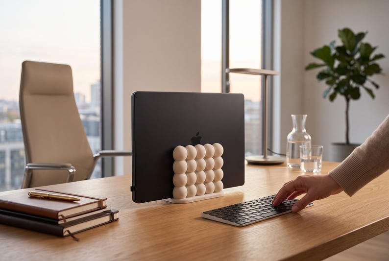 May include: A matte black laptop is held upright by a vertical stand featuring a grid of cream-colored spheres. The stand has a rectangular base and supports the device in a closed position, providing a stable structure for desktop organization.