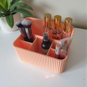 May include: A peach-coloured rectangular plastic organiser with vertical ribbed sides and multiple interior compartments. It contains two makeup brushes, three clear bottles with gold caps, one black spray bottle, and two small cosmetic tubes.