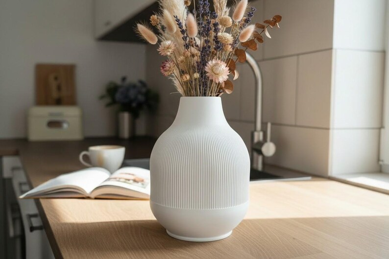 Modern Ribbed Vase, Minimalist Contemporary Home Decor, Decorative Flower Vase image 6