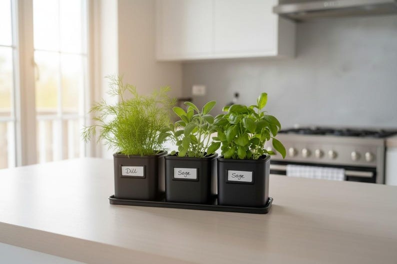 May include: Three square black pots on a matching rectangular tray, each containing a green herb plant. The pots feature white labels with the handwritten text Dill, Sage, and Sage, respectively, arranged in a row on a light-colored surface.