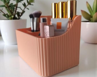 Organizador de maquillaje acanalado, organizador de tocador de seis compartimentos, moderno soporte para brochas de maquillaje para el baño.