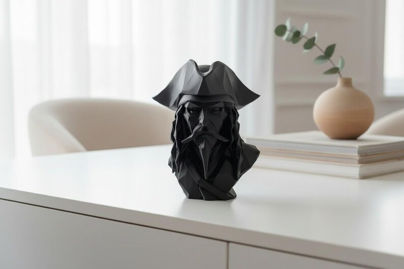 Low Poly Pirate Bust Sculpture, Geometric Caribbean Decor, Nautical Shelf Statue image 16