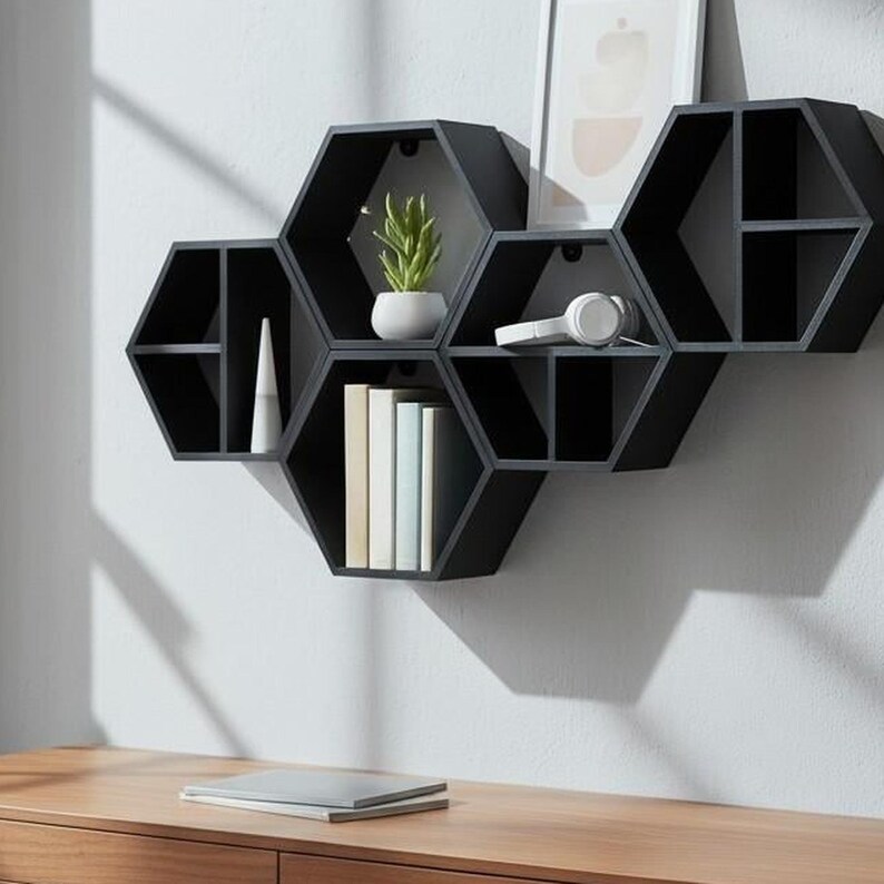 Five-Piece Hexagon Floating Shelf Set: Honeycomb Wall Display — view 6, 3D printed home decor made in Malta
