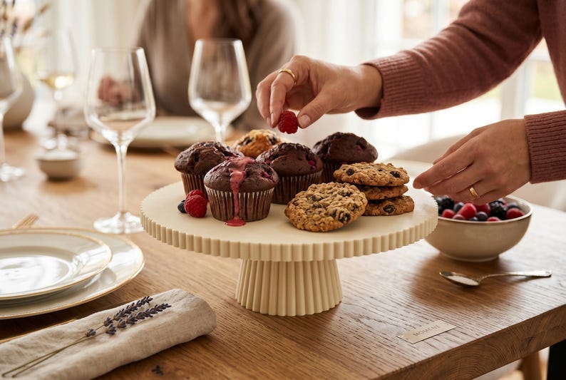 May include: A cream-colored ceramic cake stand with a fluted, ribbed design on the pedestal and the rim. The stand holds several dark chocolate muffins topped with fresh red raspberries and a stack of round, golden-brown chocolate chip cookies.