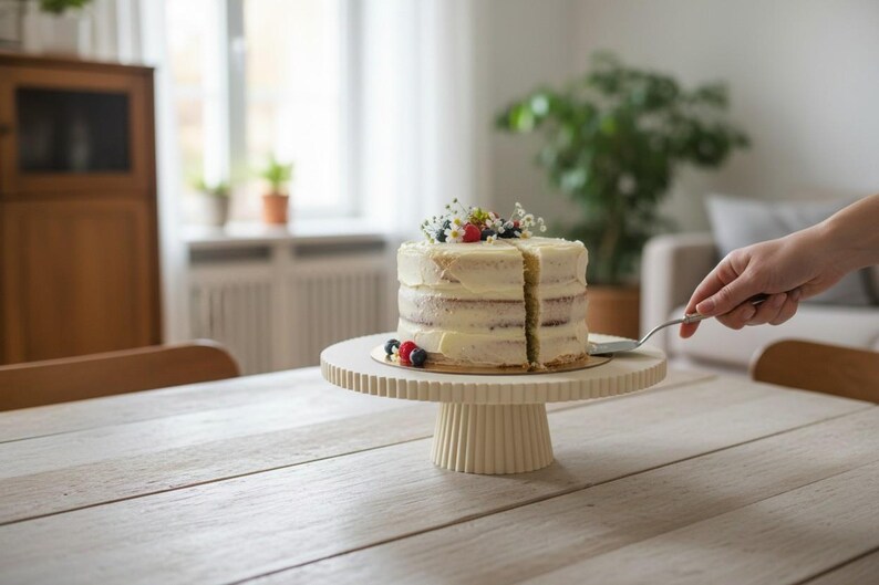 May include: A round, cream-colored cake stand with a vertically ribbed pedestal and rim, supporting a multi-layered cake frosted with white icing and topped with fresh blueberries, raspberries, and small white flowers.