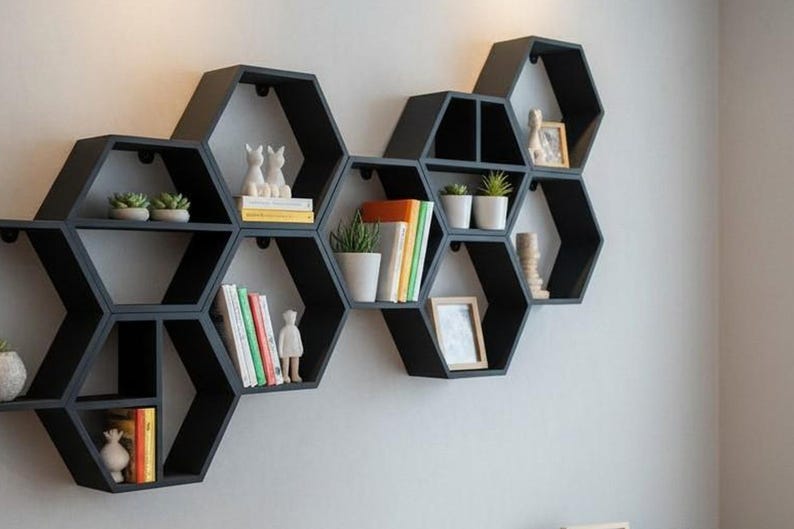 Five-Piece Hexagon Floating Shelf Set: Honeycomb Wall Display — texture detail, 3D printed home decor made in Malta