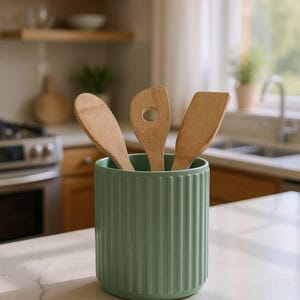 Ribbed Utensil Holder Crock, Modern Kitchen Countertop Organizer, Cooking Tool Storage image 1