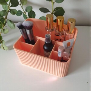 May include: A peach-coloured plastic makeup organiser with vertical ribbed detailing and multiple compartments. It contains two makeup brushes, three clear bottles with gold caps, a black spray bottle, and two small cosmetic tubes.