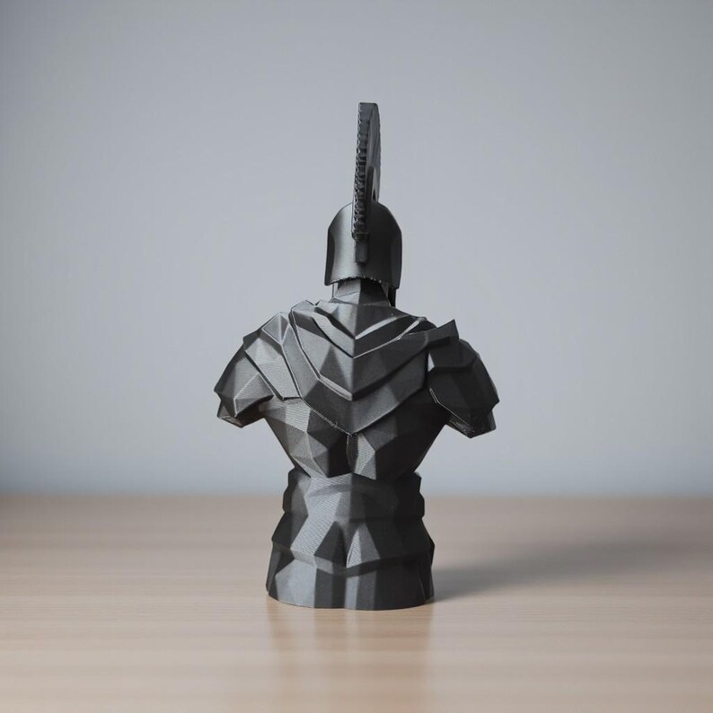 Low Poly Spartan Warrior Bust – Geometric Greek Helmet Statue, Masculine Office Decor image 4
