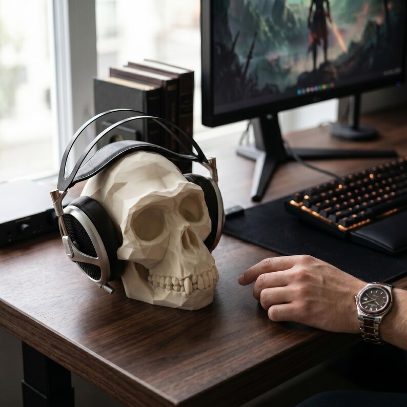 Low Poly Monkey Skull Headphone Stand – Geometric Sculpture, Gamer Desk Decor, PLA+ Plastic image 5