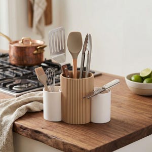 May include: A beige ribbed cylindrical utensil holder with two smaller white cylindrical side containers. The set holds a metal spatula, a beige silicone spoon, metal tongs, a beige pastry brush, a metal whisk, and a small metal grater.