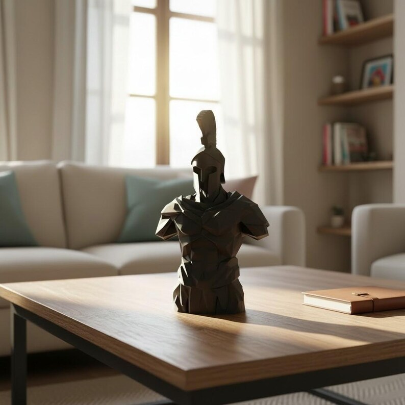 Low Poly Spartan Warrior Bust – Geometric Greek Helmet Statue, Masculine Office Decor image 14