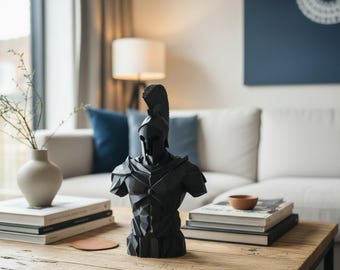 Busto de guerrero espartano de baja poligonización – Estatua con casco griego geométrico, decoración masculina para oficina