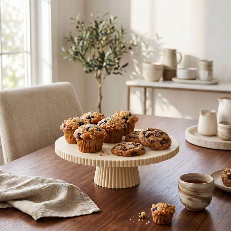 Modern Pedestal Cake Stand, Ribbed Dessert Display Plate, Minimalist Kitchen Serveware image 8