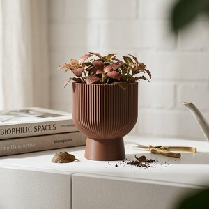 Sereno Ribbed Pedestal Planter, Modern Indoor Plant Pot with Drainage, Minimalist Home Decor image 3