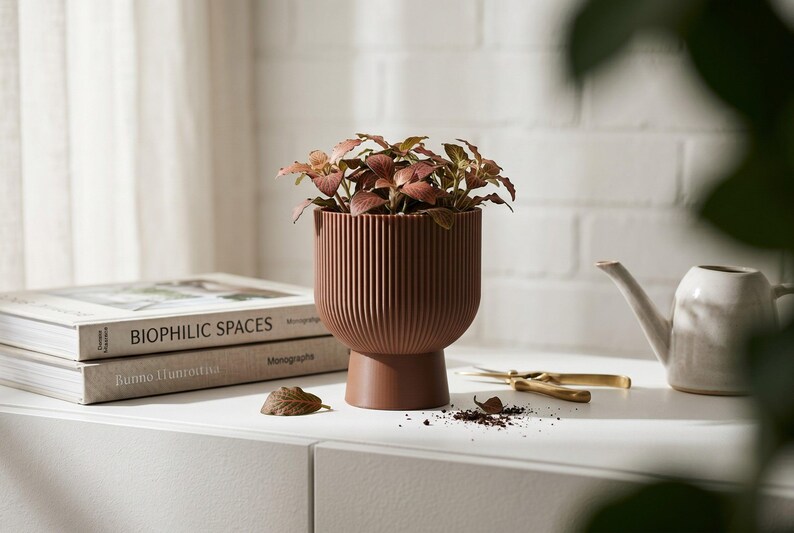 Sereno Ribbed Pedestal Planter, Modern Indoor Plant Pot with Drainage, Minimalist Home Decor image 3