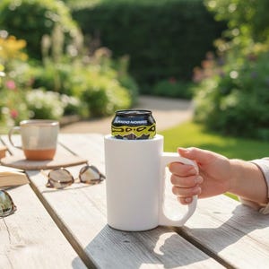 May include: A white cylindrical beverage holder with a large side handle, designed to fit a standard can. The holder contains a black and neon yellow can with the text Lando Norris printed on the side, held by a hand on a wooden table.