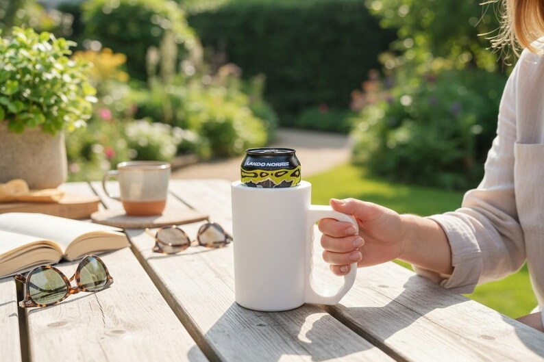 May include: A white cylindrical beverage holder with a large side handle, designed to fit a standard can. The holder contains a black and neon yellow can with the text Lando Norris printed on the side, held by a hand on a wooden table.