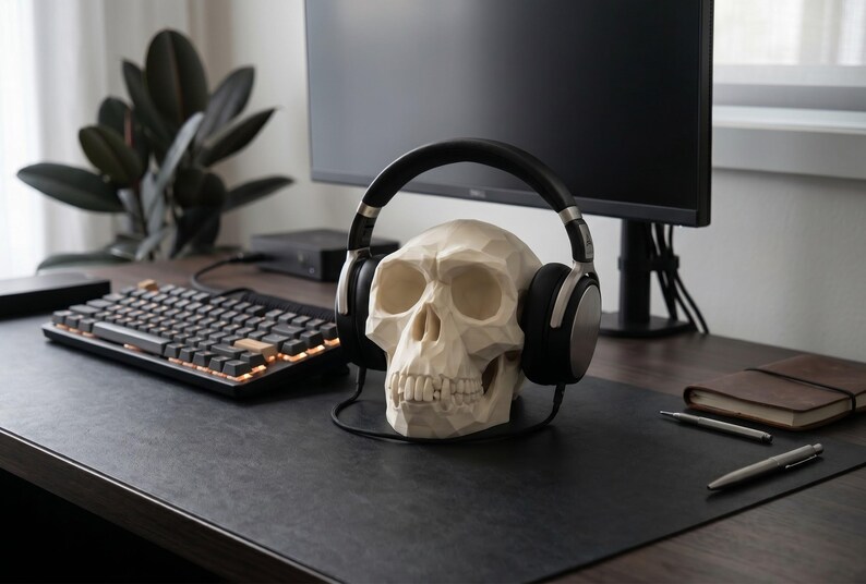 Low Poly Monkey Skull Headphone Stand – Geometric Sculpture, Gamer Desk Decor, PLA+ Plastic image 6