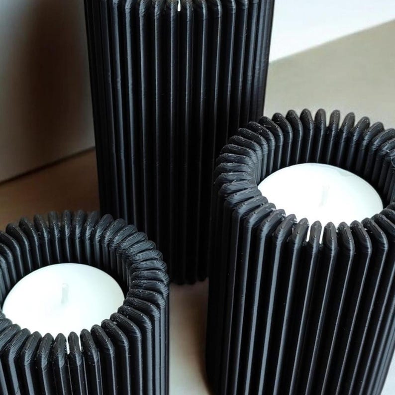 Ribbed LED Candle Holder Set: Flameless Table Decor — side angle, 3D printed home decor made in Malta