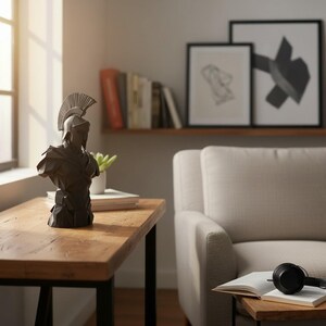 Low Poly Spartan Warrior Bust – Geometric Greek Helmet Statue, Masculine Office Decor image 17