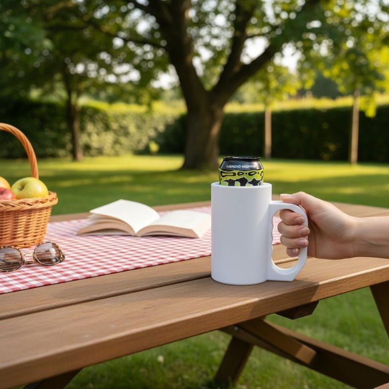May include: A plain white cylindrical beverage holder with a large handle, designed to hold a standard aluminum can. The can inside features a black and neon yellow graphic pattern with the visible text "LANDO HOPPER" printed on the top rim.