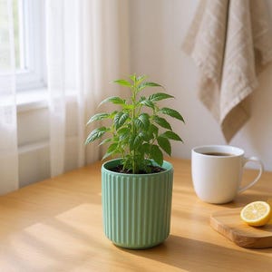 May include: A small green plant with serrated leaves potted in a cylindrical, vertically ribbed light green ceramic planter. The plant is centered, displaying vibrant green foliage with a distinct texture, housed in a container with a smooth rim.