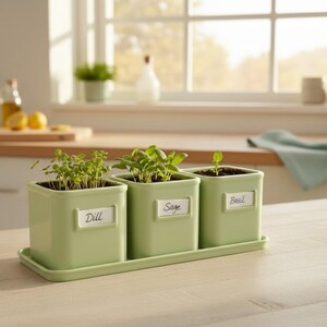 May include: Three light green square ceramic planters arranged on a matching rectangular tray. Each planter features a white label with black cursive text reading Dill, Sage, and Basil, containing small green herb plants growing in soil.