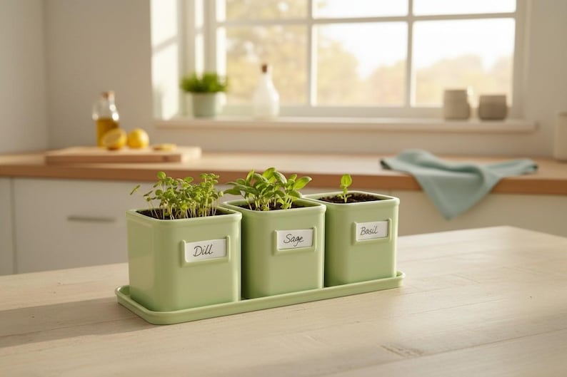 May include: Three light green square ceramic planters arranged on a matching rectangular tray. Each planter features a white label with black cursive text reading Dill, Sage, and Basil, containing small green herb plants growing in soil.