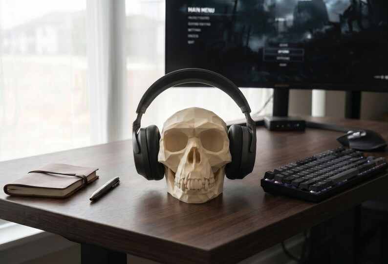 Low Poly Monkey Skull Headphone Stand – Geometric Sculpture, Gamer Desk Decor, PLA+ Plastic image 13