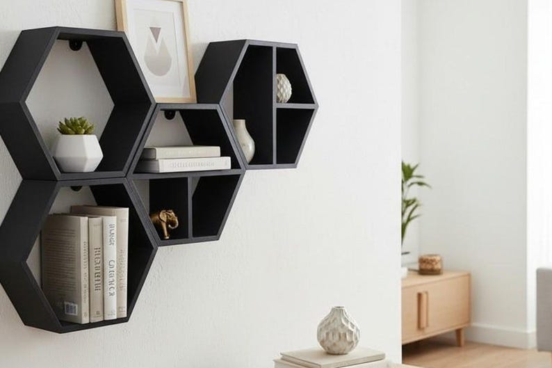 Five-Piece Hexagon Floating Shelf Set: Honeycomb Wall Display — view 7, 3D printed home decor made in Malta