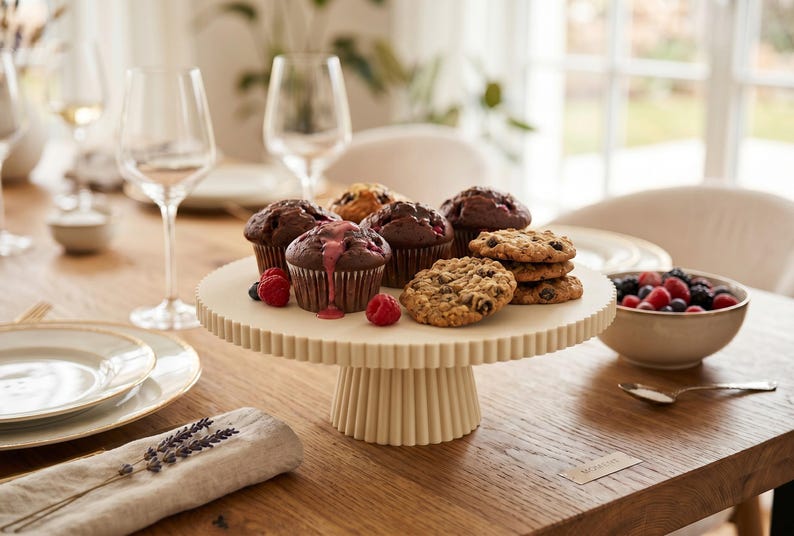 May include: A cream-colored, fluted pedestal cake stand holding several chocolate muffins, one with pink icing, and a stack of chocolate chip cookies. Fresh raspberries are scattered on the surface of the stand next to the baked goods.
