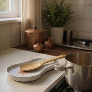 May include: A light-coloured, speckled, oval-shaped spoon rest with a smooth, matte finish. A light-brown wooden spoon with a rounded bowl rests horizontally on the surface of the spoon rest, which contains small brown spice particles.