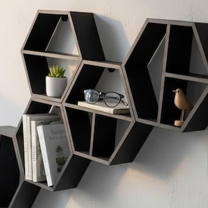 Five-Piece Hexagon Floating Shelf Set: Honeycomb Wall Display — main view, 3D printed home decor made in Malta