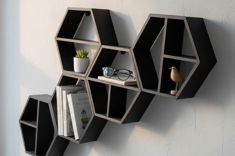 Five-Piece Hexagon Floating Shelf Set: Honeycomb Wall Display — main view, 3D printed home decor made in Malta