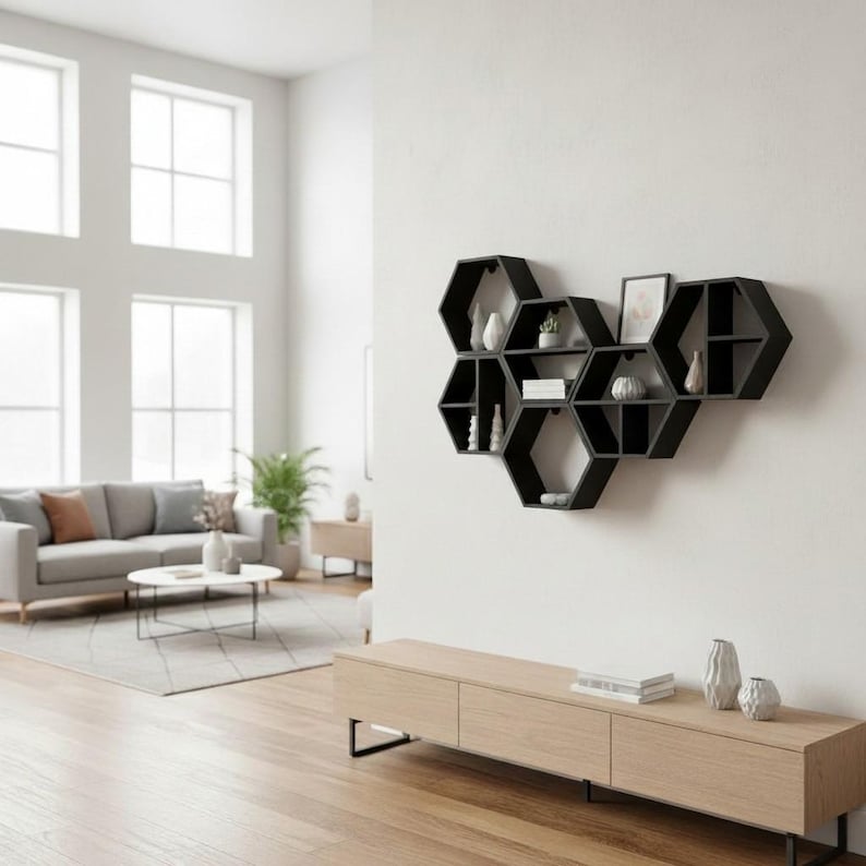 Sechseckige Wandregale, 5er-Set, geometrische Wandregale, moderne Wabenform, Wohnaccessoires Bild 6
