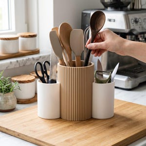 May include: A beige ribbed cylindrical kitchen utensil holder with two smaller white cylindrical side compartments. The holder contains various wooden spoons, silicone spatulas, a metal whisk, a metal grater, scissors, and a vegetable peeler.