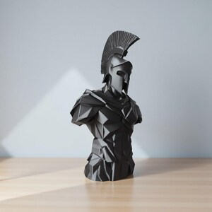 Low Poly Spartan Warrior Bust – Geometric Greek Helmet Statue, Masculine Office Decor image 3