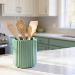 Ribbed Utensil Holder Crock, Modern Kitchen Countertop Organizer, Cooking Tool Storage image 4