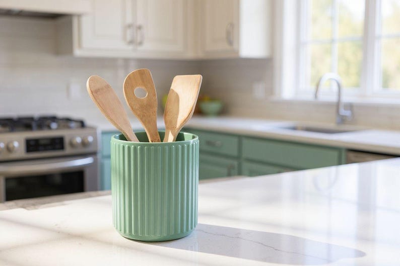 Ribbed Utensil Holder Crock, Modern Kitchen Countertop Organizer, Cooking Tool Storage image 4