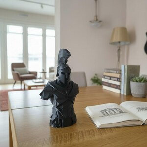 Low Poly Spartan Warrior Bust – Geometric Greek Helmet Statue, Masculine Office Decor image 15