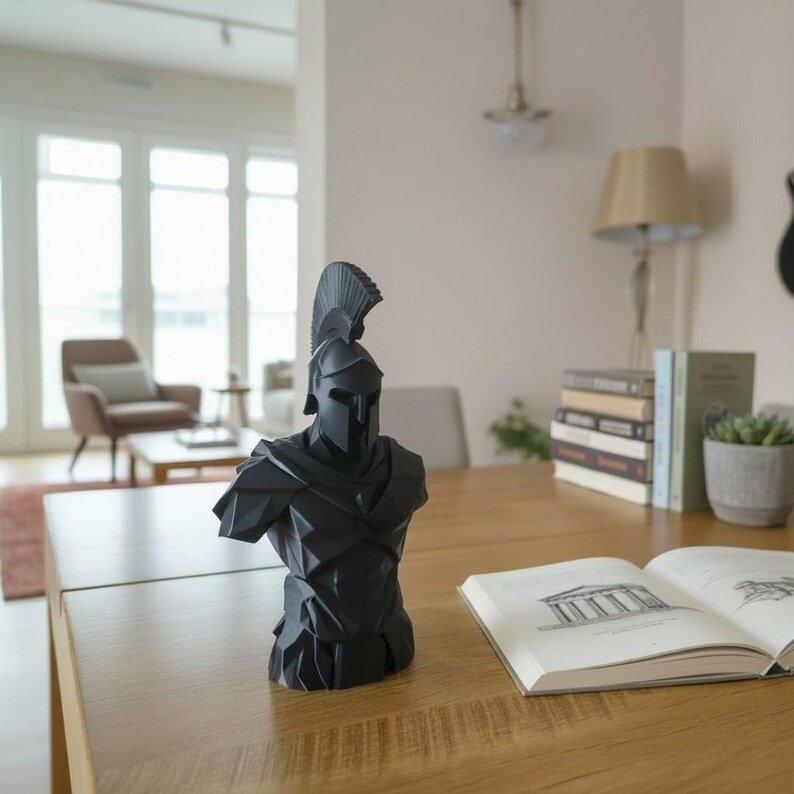 Low Poly Spartan Warrior Bust – Geometric Greek Helmet Statue, Masculine Office Decor image 15
