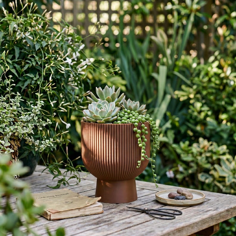 Sereno Ribbed Pedestal Planter, Modern Indoor Plant Pot with Drainage, Minimalist Home Decor image 5