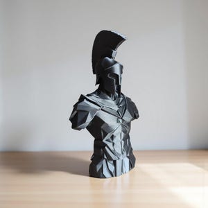 Low Poly Spartan Warrior Bust – Geometric Greek Helmet Statue, Masculine Office Decor image 7