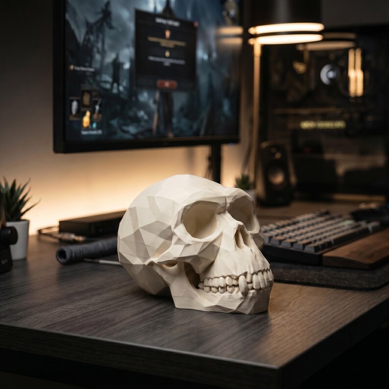 Low Poly Monkey Skull Headphone Stand – Geometric Sculpture, Gamer Desk Decor, PLA+ Plastic image 2