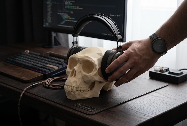 Low Poly Monkey Skull Headphone Stand – Geometric Sculpture, Gamer Desk Decor, PLA+ Plastic image 1