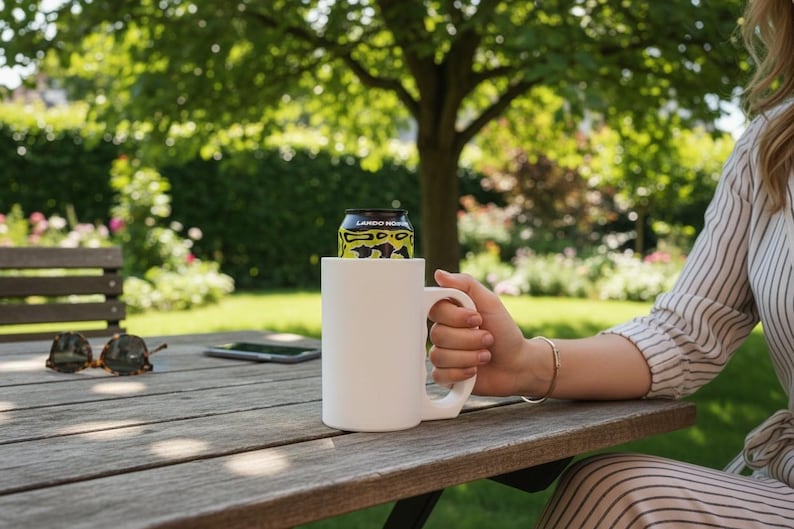 May include: A matte white cylindrical beverage holder with a large side handle, designed to fit a standard aluminum can. The holder is plain and opaque, featuring a smooth finish and a wide base, securely containing a yellow and black patterned can.