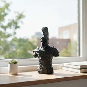Low Poly Spartan Warrior Bust – Geometric Greek Helmet Statue, Masculine Office Decor image 20