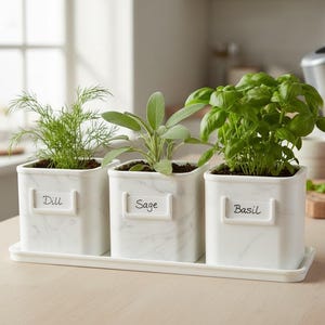 May include: Three square white marble-patterned ceramic planters sit on a matching rectangular tray. Each planter features a raised label frame with the handwritten text Dill, Sage, and Basil, containing fresh green herbs planted in soil.