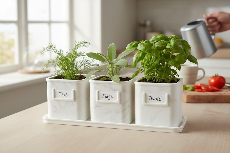 May include: Three square white marble-patterned ceramic planters sit on a matching rectangular tray. Each planter features a raised label frame with the handwritten text Dill, Sage, and Basil, containing fresh green herbs planted in soil.